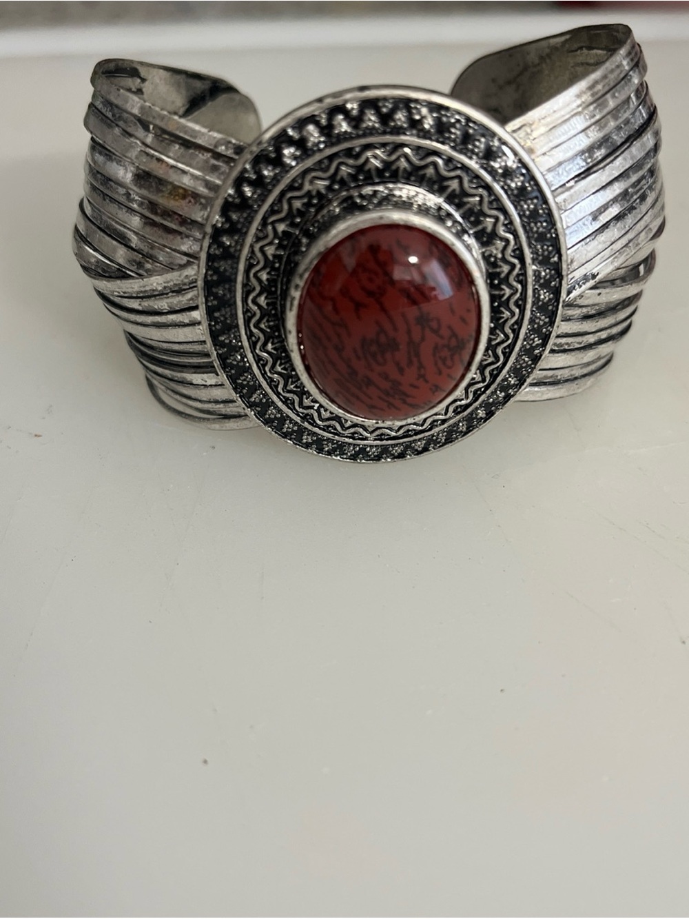 Rare Silver-Tone Cuff Bracelet with Stone gem Center